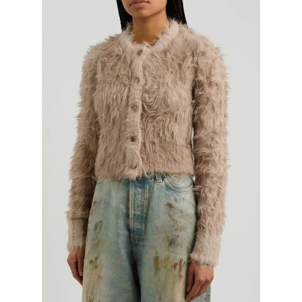 ACNE STUDIOS Kradi Textured Cardigan Faux Fur Chunky Knit Cropped Sweater Tan - Picture 1 of 16